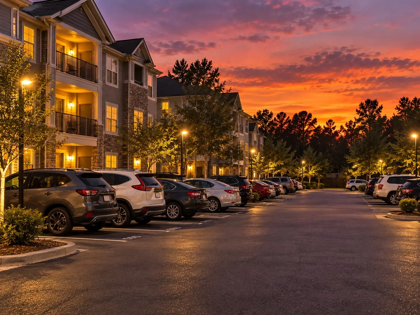 Apartment community parking lot at dusk with numbered spaces