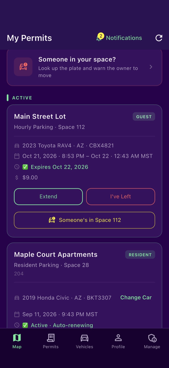 Sllips app screen. The permit: space, car, end time, and buttons to Extend, say I've Left, or report someone in your space.